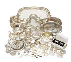 
	
		A large silver plated twin-handled tray, signed Harrods, together with a quantity of...