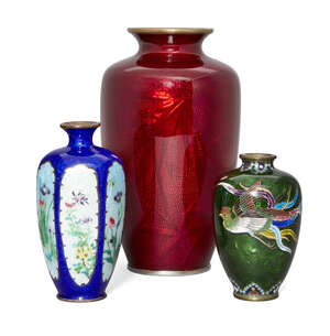 
	
		Three Japanese ginbari cloisonné vases, Meiji period, comprising a large Akasuke bamboo...