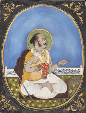 
	
		A seated Gosain (Holy man) of the Vallabhalarya sect of Vaishnavite Hindus, Nathadwara,...