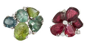 
	
		Two tourmaline and diamond rings of abstract cluster design, the first with oval and...