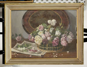 CHARITY Donald Towner, 
		British 1903-1985-
		 
		Still life of flowers in a basket, 1973;
		 
		oil on canvas, signed and dated, 53.5 x 71.5cm (ARR)