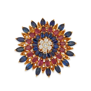 An Italian diamond, sapphire and ruby set cluster component, composed of a central brilliant-cut...