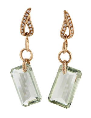 A pair of quartz and diamond earrings by Gavello, the cut-cornered rectangular pale green quartz single stone drops with brilliant-cut diamond suspensions and 