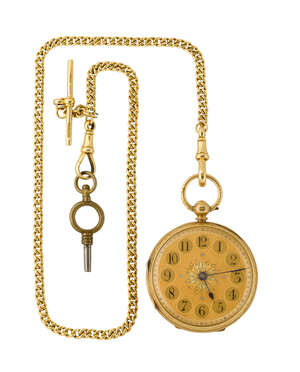 A late 19th century 18ct gold keywind fob watch, the textured gilt dial with central three colour flowerhead motif and Roman numerals, foliate engraved case, L
