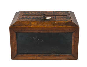 
	
		A Victorian oak desk top letter box, with hinged top lid and glazed front, with key, the...
