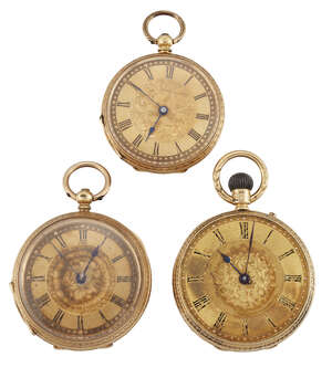 
	
		Three 19th century  gold open face fob watches, comprising: an 18ct gold fob watch, the...