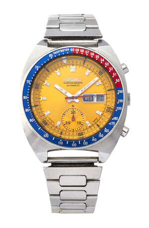 
	
		A stainless steel automatic chronograph 'Pogue' wristwatch by Seiko, 1970s, the orange...