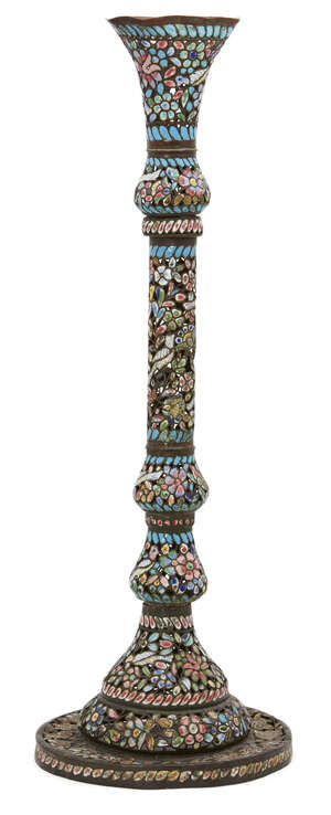 
	
		RTO A polychrome enamelled copper lampstand, Syria, late 19th-early 20th century, in two...