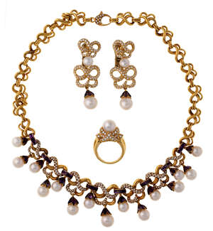 
	
		A suite of diamond, cultured pearl and amethyst jewellery, by Stern, comprising: a...