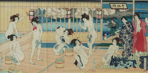 
	
		After Kunisada (1823-1880) Ladies in the bath house, published by the Uchida Art Co. Ltd,...