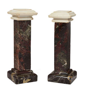 
	
		A pair of breccia marble pedestals, late 19th century, each of square-section form with...