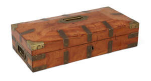 
	
		A George III satinwood and brass bound pistol box, the domed top and sides with brass...