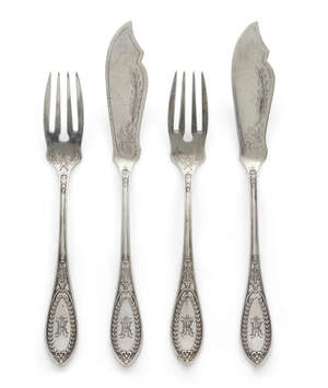 
	
		A set of German .800 silver fish knives and forks by Lazarus Posen, (c.1870-1930),...
