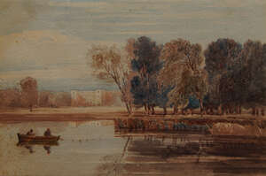 
	
		Attributed to John I Varley,  
		British 1778-1842- 
		
		Men in a row boat, Syon...