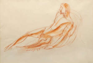 Leon Underwood,
		British 1890-1975- 
		 
		Reclining youth; 
		 
		red conte and wash on paper, signed and dated 49, 33x48cm (ARR) 
		 
		Provenance