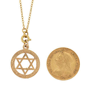 
	
		A 9ct gold necklace and a group of coins, comprising: a 9ct gold Star of David pendant to...