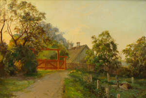 
	
		Harald Pryn, Danish 1891-1968- Entrance to a woodland farm; oil on canvas, signed and...