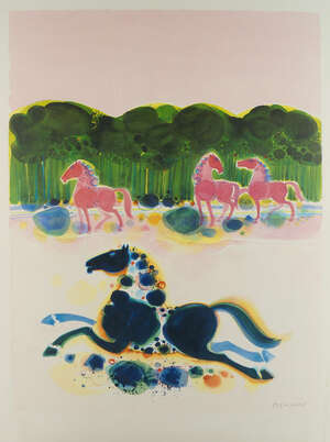
	
		Frédéric François Menguy, 
		French 1927-2007- 
		 
		Untitled (Horse by woodland);...