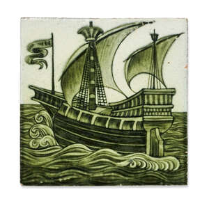 
	
		William De Morgan (1839-1917), a hand painted six-inch 'Galleon' tile 
		1898, partially...