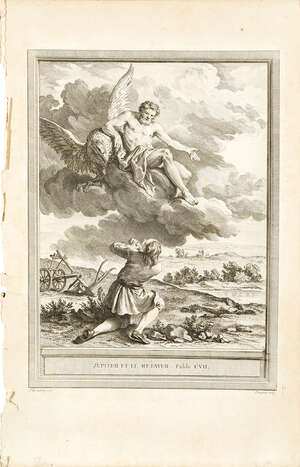 Jean-Jacques Pasquier, 
		French 1718-1785- 
		Jupiter et le métayer. Fable CVII., after Jean-Baptiste Oudry; 
		engraving, 30.5x22.5cm: together with a nu