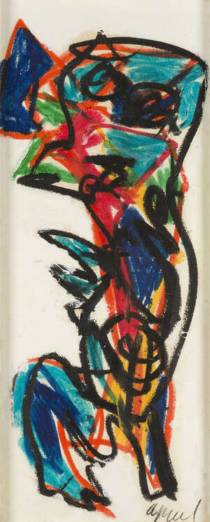 
	
		Karel Appel, 
		Dutch 1921-2006- 
		Single Figure, 11; 
		mixed media on paper, laid...