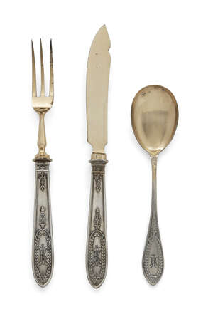
	
		A set of partially gilded German .800 silver fruit knives and forks, probably by Lazarus...