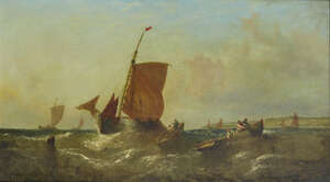 
	
		William Callcott Knell, 
		British 1830-1880- 
		 
		Shipping in rough seas with a...