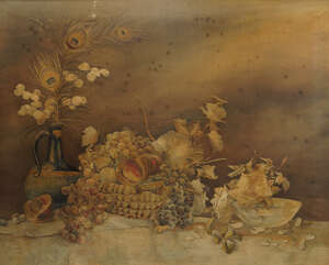 
	
		An embroidered still life picture depicting a basket of fruit and a bottle vase with...
