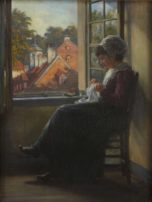 
	
		Emil Gies, 
		German 1872-1937- 
		 
		Portrait of a seamstress seated by a window in...