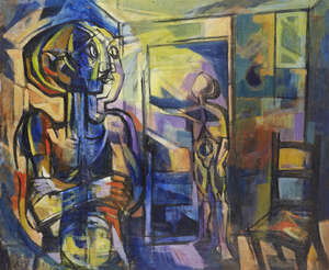
	
		Douglas Pittuck, 
		British 1911-1993 - 
		Figures in a Room; 
		oil on board, signed...