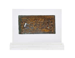 
	
		A gilt bronze plaque with dragons, 2nd-3rd century B.C., cast with two addorsed ungulates...