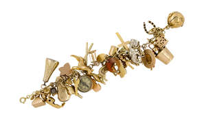 A charm bracelet, the circular and rectangular loop-link bracelet suspending various charms including: a rose-cut diamond set violin; a violin in 9ct gold viol