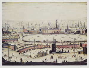 
	
		Laurence Stephen Lowry RBA RA, 
		British 1887-1976-
		 
		The Pond, 1974;
		 
		offset...
