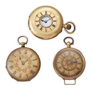 
	
		Three 19th century gold fob watches, comprising a Swiss gold demi hunter pocket watch,...