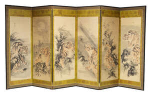 
	
		A pair of Japanese six section five fold screens, Meiji period, ink and colour on paper,...