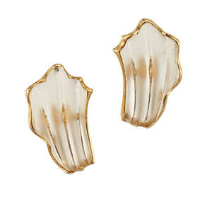 A Pair of rock crystal earclips, by Lalaounis, each rock crystal panel carved as a stylised shell within polished mounts, with maker's mark for Ilias Lalao