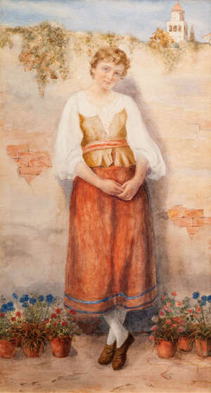 
	
		British School, 
		mid-late 19th century-
		 
		Study of a young lady standing...