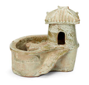 
	
		A Chinese pottery model of a pig sty latrine, Han dynasty, the raised square hut with...
