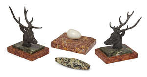 
	
		A pair of French bronze desk weights, late 19th century, in the form of stag heads, on...