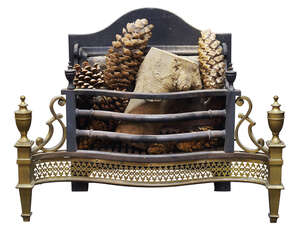 
	
		A George III style brass and iron serpentine fire grate, with urn finials, the front with...