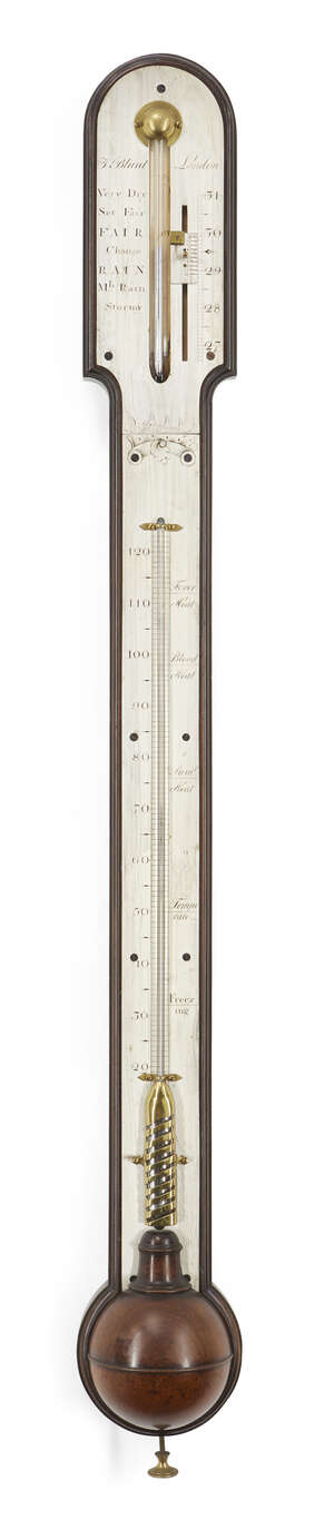
	
		A George III mahogany bayonet stick barometer, by Thomas Blunt, late 18th century, with...