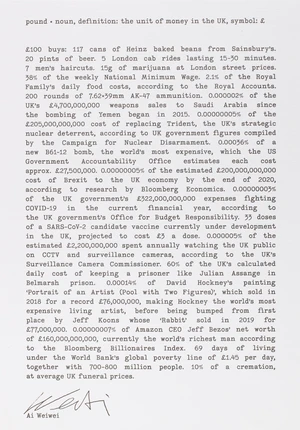 Ai Weiwei,&nbsp;Chinese b.1957-&nbsp;&pound;, 2020;&nbsp;lithograph on Somerset wove,&nbsp;published by CIRCA,&nbsp;sheet 29.7 x...