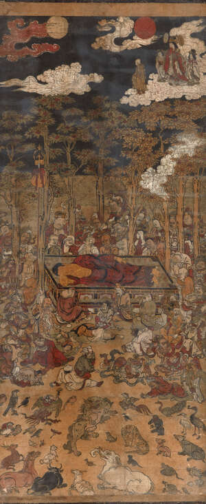 
	
		19th century Japanese School, gouache on paper, The Death of Buddha, 103 x 45cm, in...