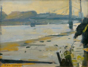 
	
		Ken Howard RA, 
		British b.1932- 
		 
		Sunrise Hammersmith Bridge; 
		 
		oil on...
