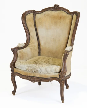 A French stained beech berg&egrave;re, of Louis XV style, last quarter 19th century, with floral...