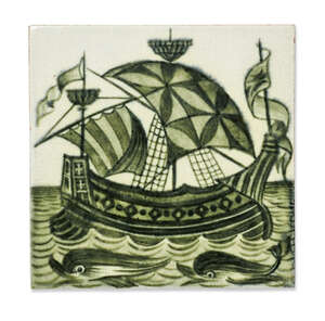 William De Morgan (1839-1917), a hand painted six-inch 'Galleon' tile
		Early Fulham period 1888-1897, impressed Sands End floral roundel
		Painted i