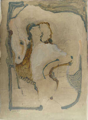 
	
		Ray Wooldridge, 
		British b.1934-
		Untitled, Man and horse; 
		mixed technique on...