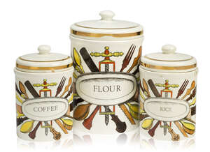 
	
		Pierro Fornasetti (1913-1988), three early storage jars 
		c. 1960, printed marks to...
