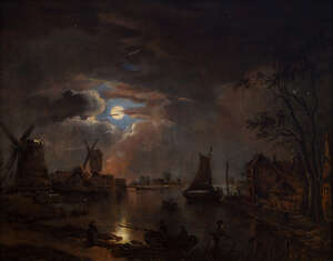 
	
		Follower of Aert Van der Neer, 
		Dutch 1603-1677- 
		 
		Canal scene with barges and...