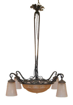 
	
		Muller Freres, (French), an Art Deco wrought iron and moulded pink glass chandelier,
		